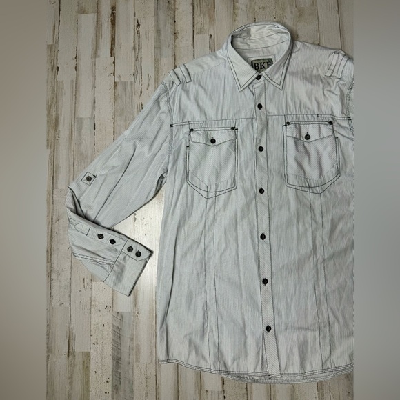 Buckle BKE Shirt Mens XXL White Black Stripe Long Sleeve Athletic Fit - Picture 3 of 13